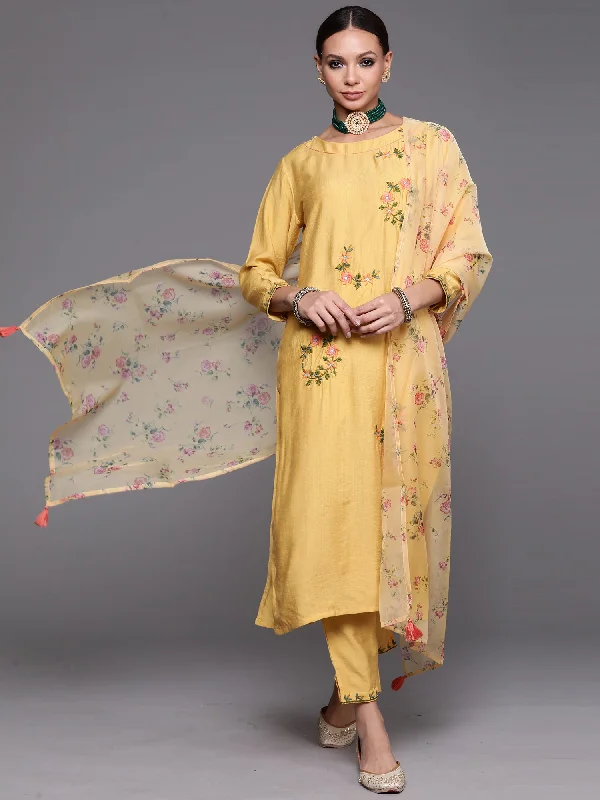 Women's Yellow Floral Embroidered Straight Kurta Trouser With Dupatta Set - Indo Era Trousers Brand Named Women's Yellow Floral Embroidered Straight Kurta Trouser With Dupatta Set - Indo Era Trousers Brand Named