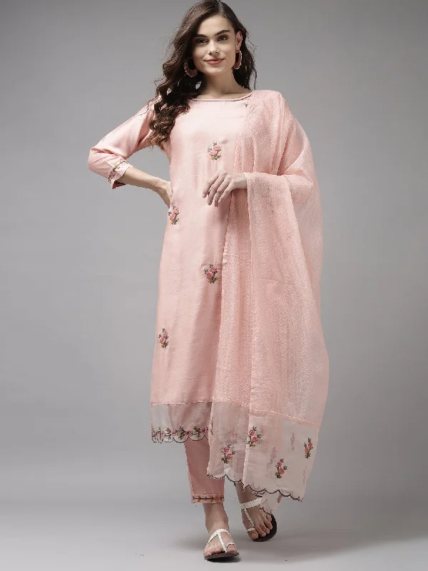 Women's Baby Pink Embroidered Straight Kurta Trouser With Dupatta Set - Indo Era Trousers Velvet Soft Women's Baby Pink Embroidered Straight Kurta Trouser With Dupatta Set - Indo Era Trousers Velvet Soft