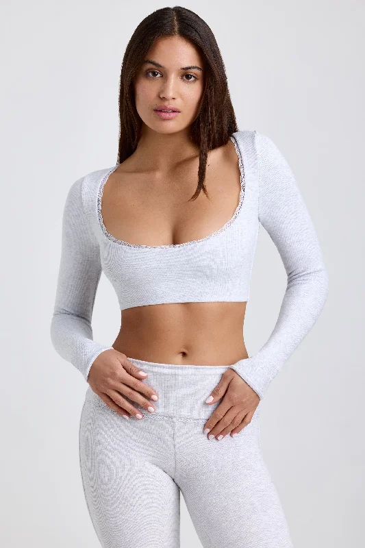 Ribbed Modal Lace-Trim Crop Top in Grey Collared Crew Neck Turtle Neck