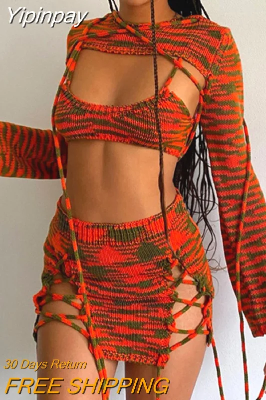 Yipinpay Three-piece Dress Sets Women Matching Sets Streetwear E-girl Long Sleeve Crop Tops+Straps Camis+Cross Bandage Skirts 920 Plaid Crop Top Polka Dot Checkered