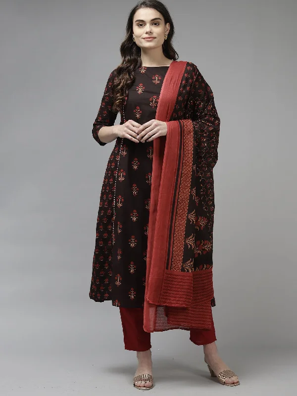 Women's Black Printed A-Line Kurta Trouser With Dupatta Set - Indo Era Trousers Lace Delicate Women's Black Printed A-Line Kurta Trouser With Dupatta Set - Indo Era Trousers Lace Delicate