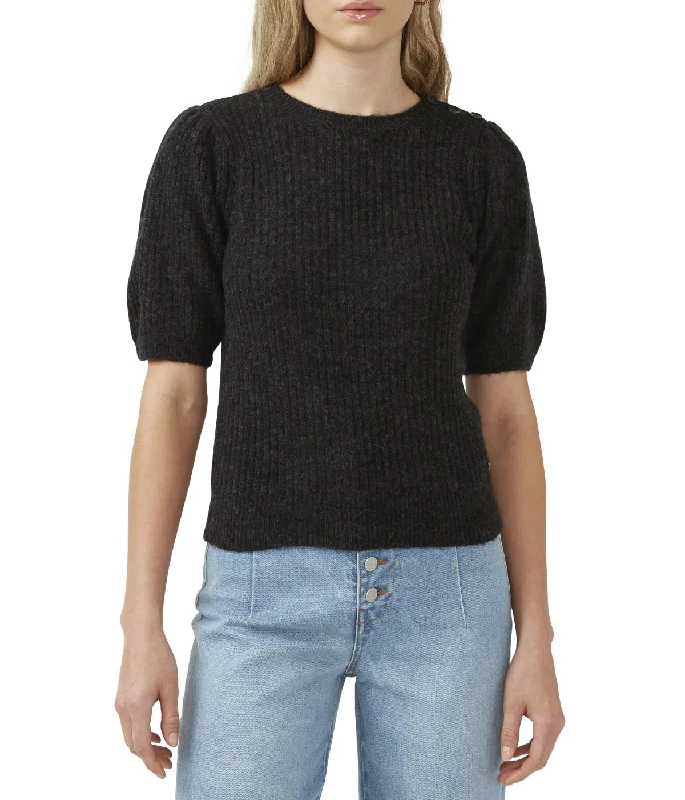 Agata Short Sleeve Sweater Black Boat Neck Shawl Collar Notched Collar