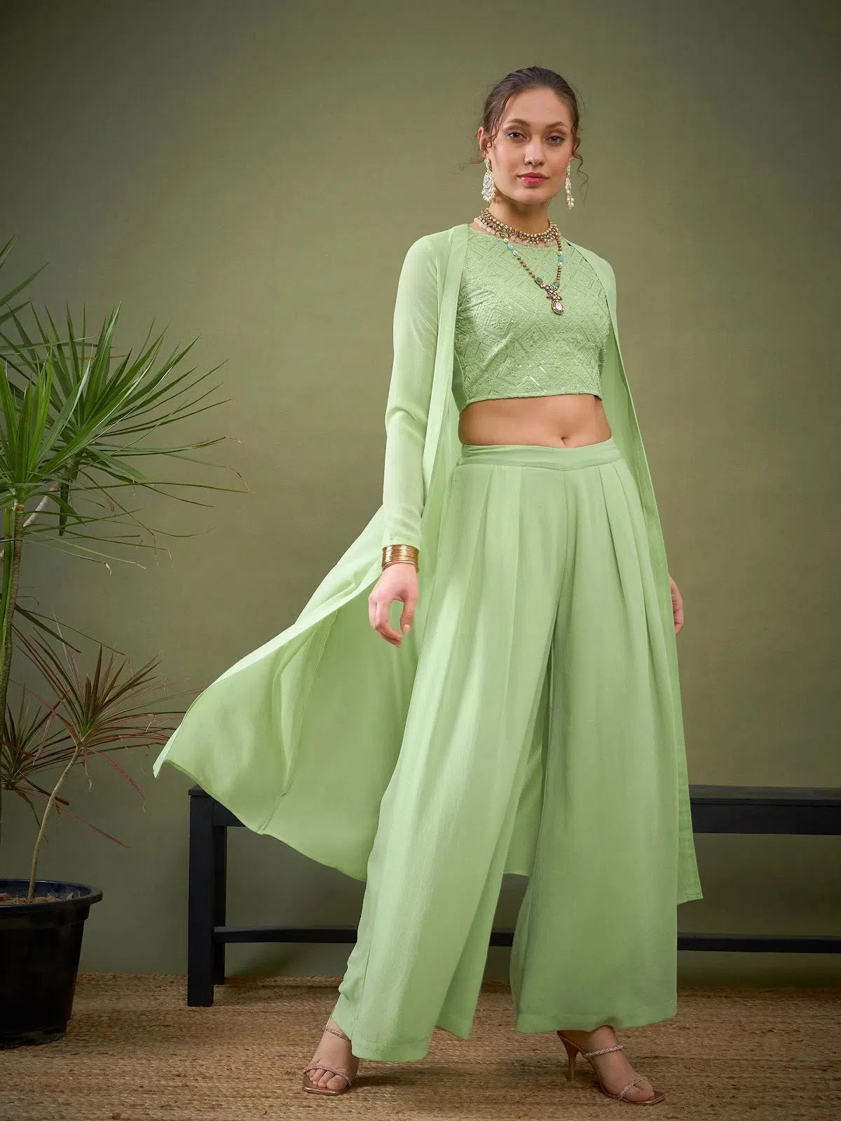 Women Mint Green Crop Top With Palazzos & Shrug Elegant Classic Vintage