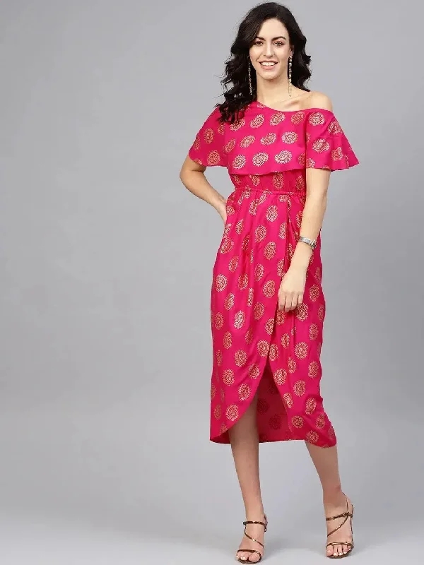 One Shoulder yoke overlap printed dress in Pink Boatneck Modish Everyday