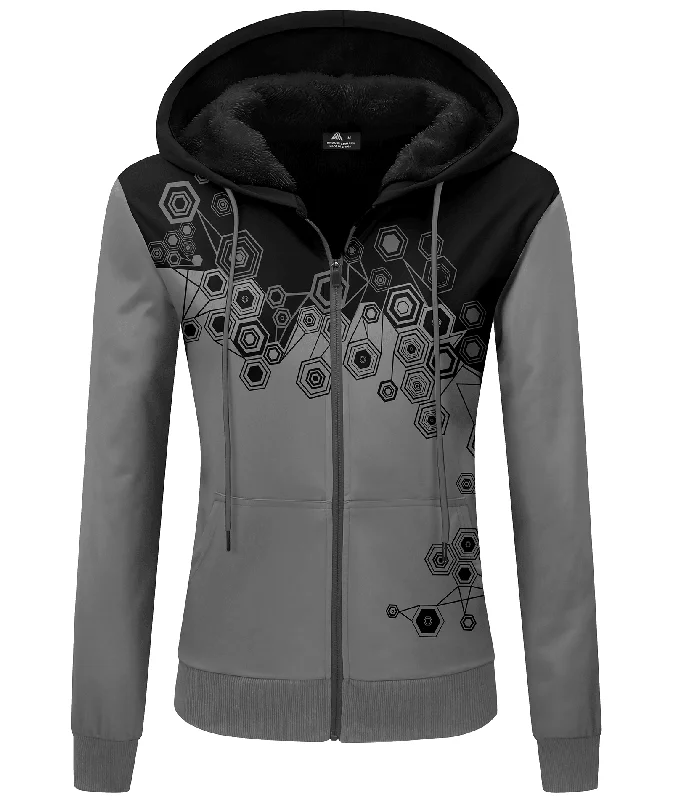 Women's Black Gray Full Zipper Printed Hoodie-ZPK006188 Hoodie with Embroidery Detailed Premium