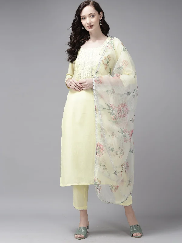Women's Embroidered Yellow Straight Kurta Trouser With Dupatta Set - Indo Era Trousers Handmade Artisanal Women's Embroidered Yellow Straight Kurta Trouser With Dupatta Set - Indo Era Trousers Handmade Artisanal