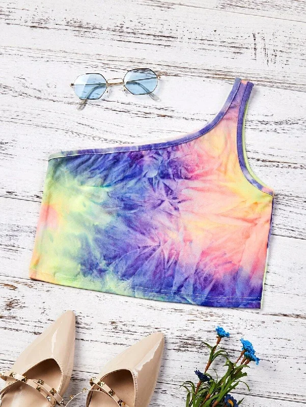 One Shoulder Tie Dye Crop Top Beaded Sequined Faux Fur