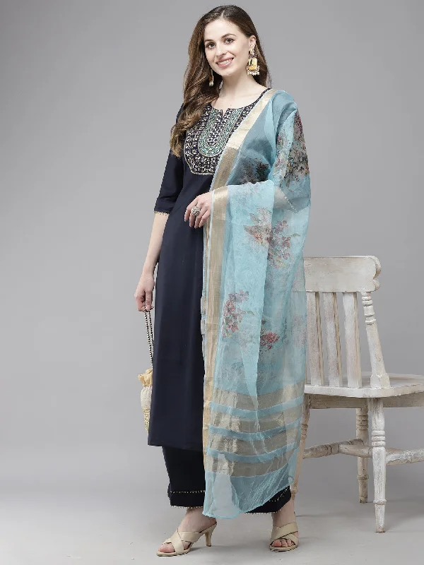 Women's Navy Blue Embroidered Straight Kurta Trouser With Dupatta Set - Indo Era Trousers Custom Made Women's Navy Blue Embroidered Straight Kurta Trouser With Dupatta Set - Indo Era Trousers Custom Made