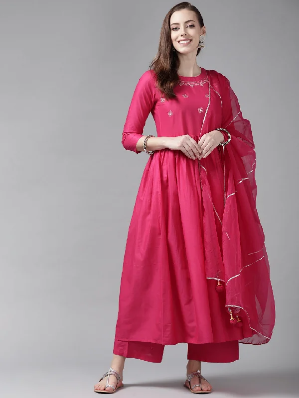 Women's Pink Floral Embroidered A-Line Kurta Trouser With Dupatta Set - Indo Era Trousers New Arrival Women's Pink Floral Embroidered A-Line Kurta Trouser With Dupatta Set - Indo Era Trousers New Arrival
