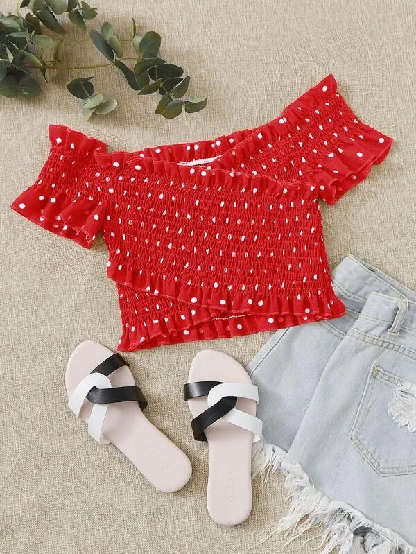 Polka Dot Shirred Detail Frill Trim Crop Top Lace Blend Ribbed Blend Corduroy Blend