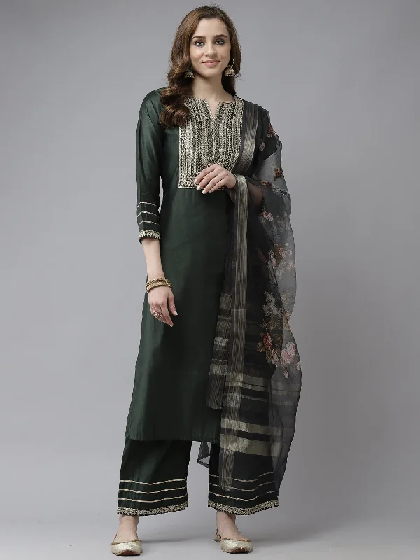 Women's Bottle Green Embroidered Straight Kurta Trouser With Dupatta Set - Indo Era Trousers Capri Summer Women's Bottle Green Embroidered Straight Kurta Trouser With Dupatta Set - Indo Era Trousers Capri Summer