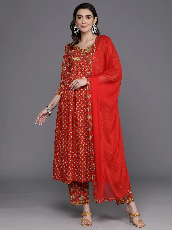 Women's Red Printed A-Line Kurta Trousers With Dupatta Set - Indo Era Trousers Vintage Classic