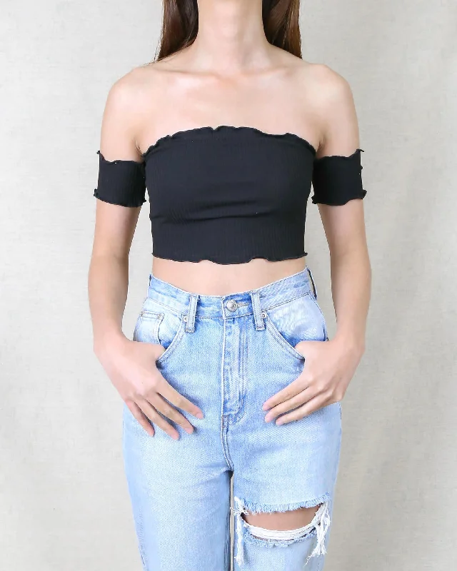 Reverse - Pretty Lady Ribbed Crop Top in Black Cotton Fabric Linen Fabric Terry Fabric Reverse - Pretty Lady Ribbed Crop Top in Black Cotton Fabric Linen Fabric Terry Fabric