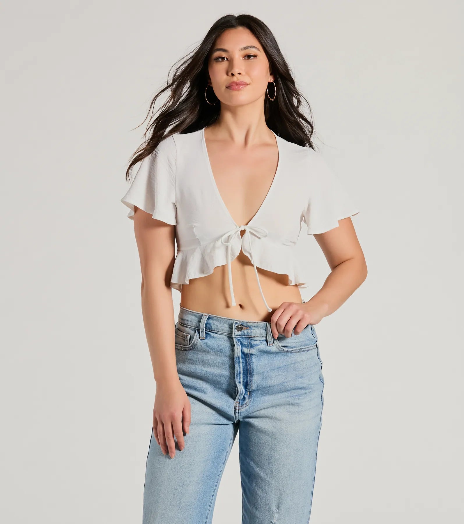 Sweeten Me Up Flutter Sleeve Tie Front Crop Top Houndstooth Herringbone Solid