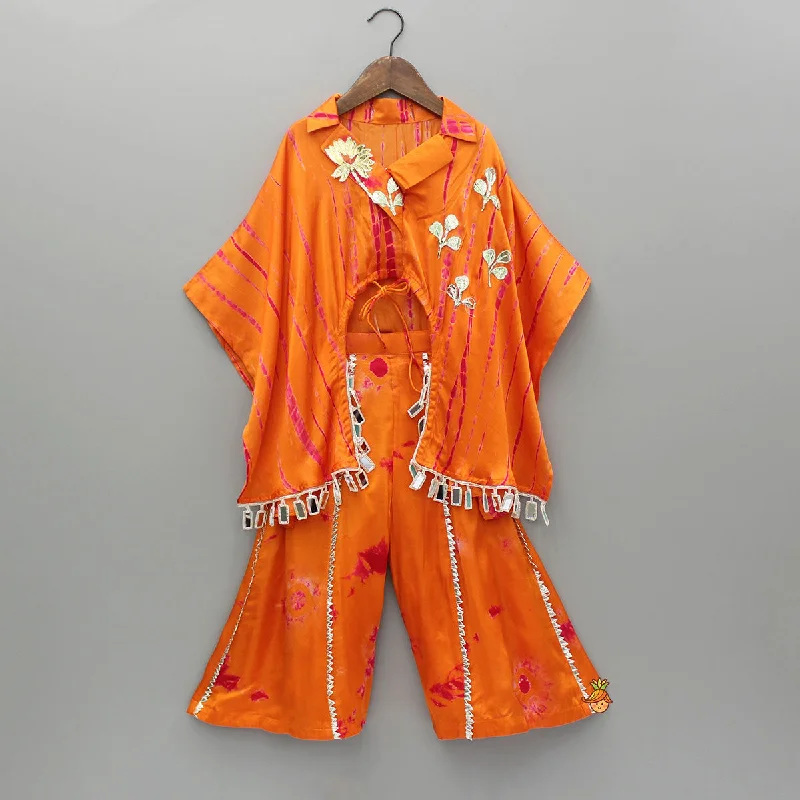 Pre Order: Printed Embellished Collar Neck Kaftan With Crop Top And Palazzo Iron Safe Non-Iron Wrinkle Free