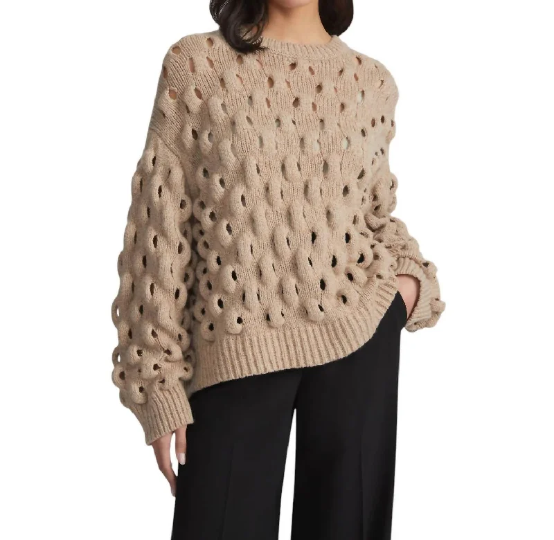 Lofty Cashmere-Wool Loop Stitch Crewneck Sweater In Plaster Cashmere Blend Cotton Blend Poly Blend