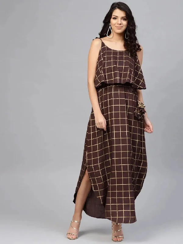Printed Flare yoke with U hem long dress in Brown Boat Neckline Classic