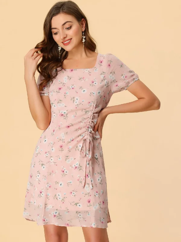 Floral Square Neck Short Sleeve Drawstring Ruched Dress Tunics stripes playful