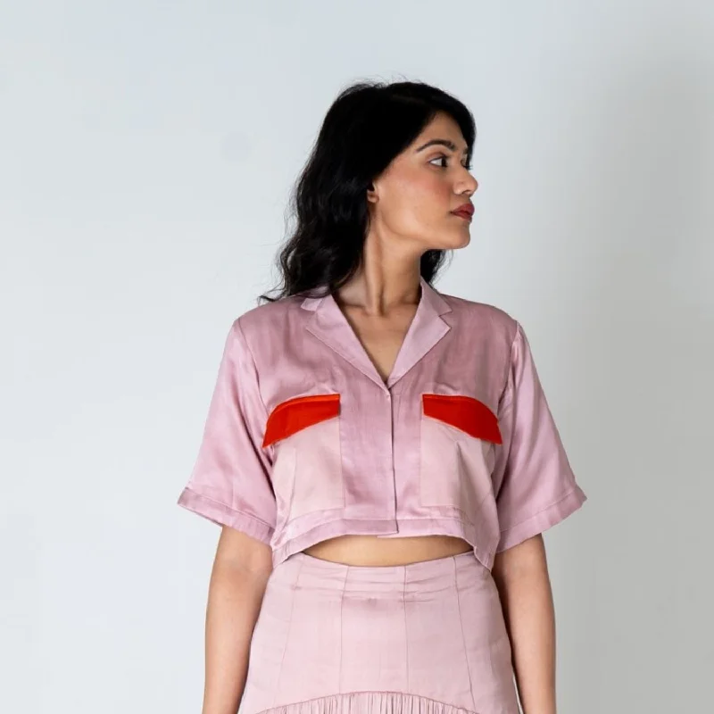 Pink-Orange Color-Blocked Crop Top | Hand-Crafted in Modal Silk Print Jacquard Patchwork