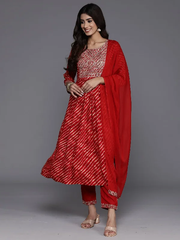 Women's Red Embroidered A-Line Kurta Trousers With Dupatta Set - Indo Era Trousers Running Lightweight Women's Red Embroidered A-Line Kurta Trousers With Dupatta Set - Indo Era Trousers Running Lightweight