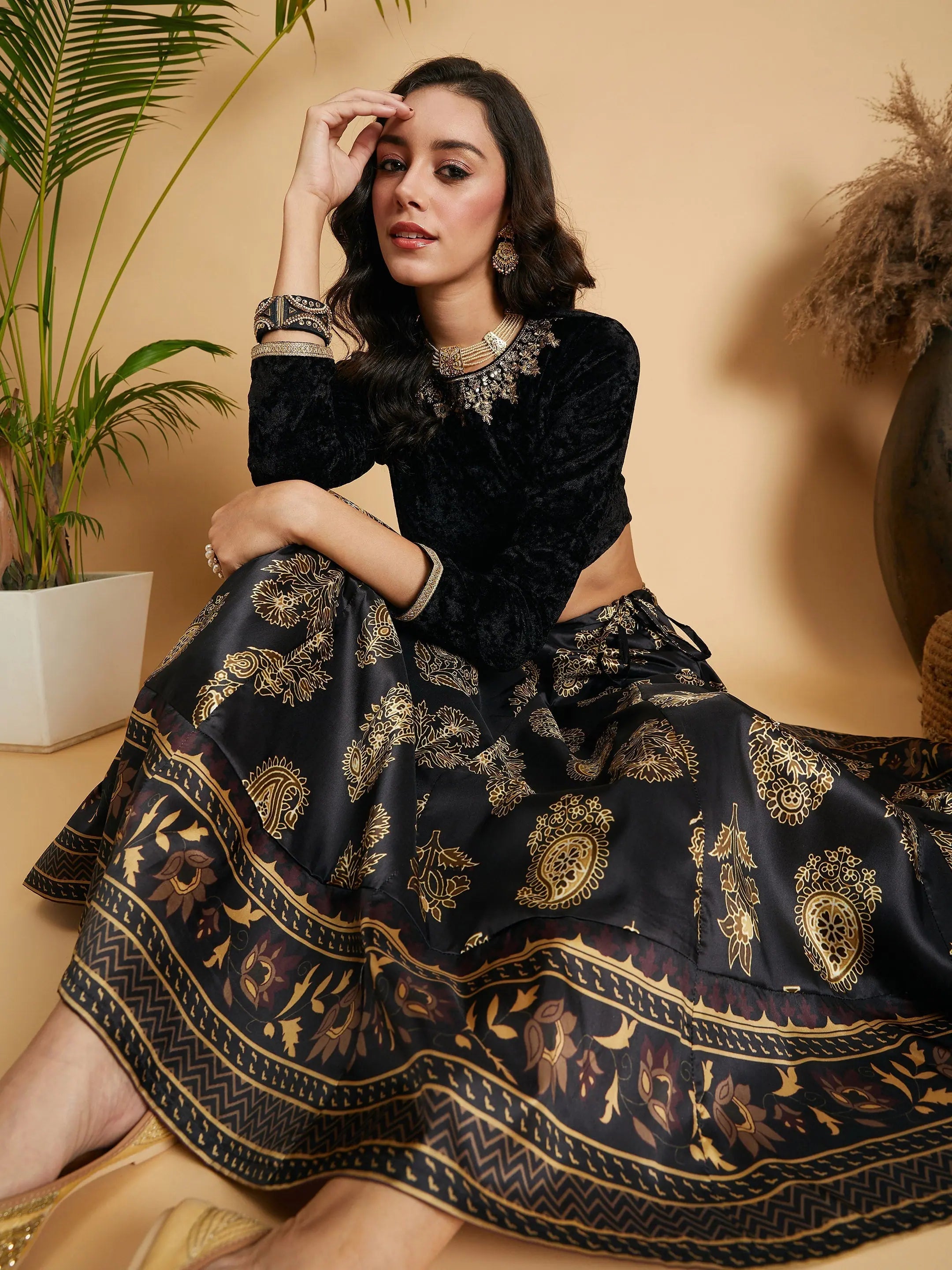 Women Black Floral Skirt With Black Velvet Full Sleeves Crop Top Knit Fabric Woven Fabric Fleece Fabric