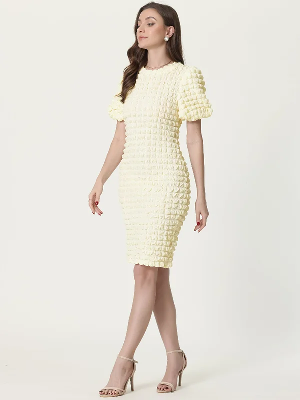 Summer Puff Sleeve Cute Elegant Party Midi Popcorn Dress Tunics Versatile stylish