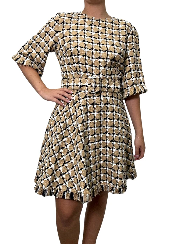 Oscar de la Renta Plaid Tweed Fringe Trim Belted Dress Size M Tunics Formal black