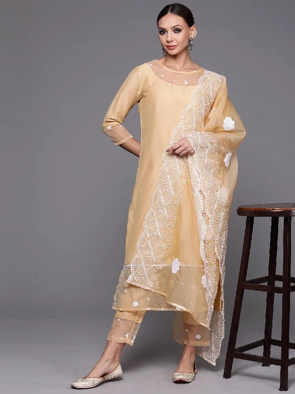 Women's Beige Embroidered Straight Kurta Trouser With Dupatta Set  - Indo Era Trousers sophisticated sleek