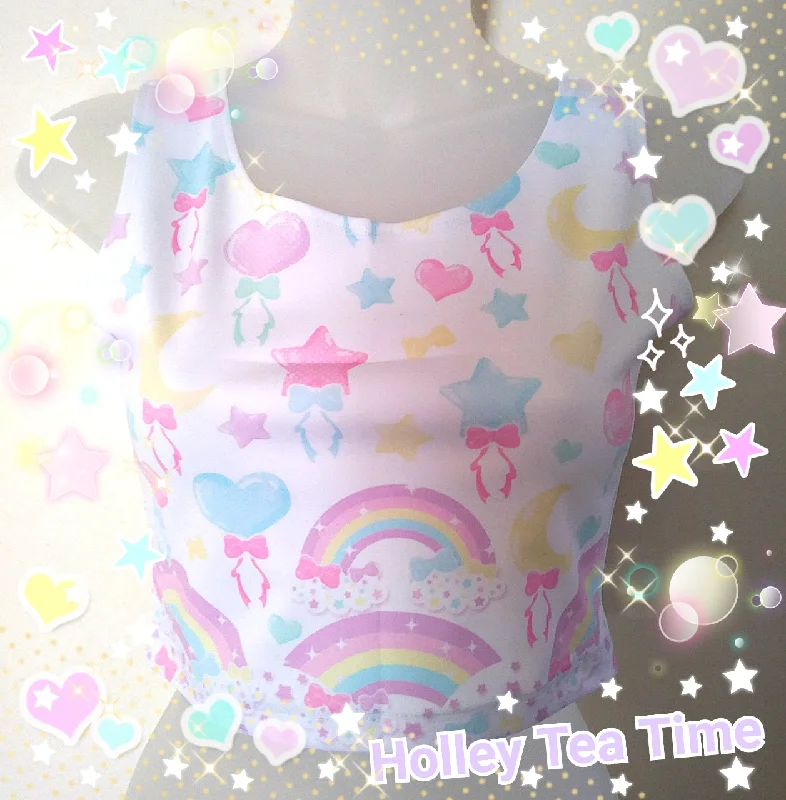 Pastel Party White Crop Top [Made To Order] Cotton Fabric Linen Fabric Terry Fabric
