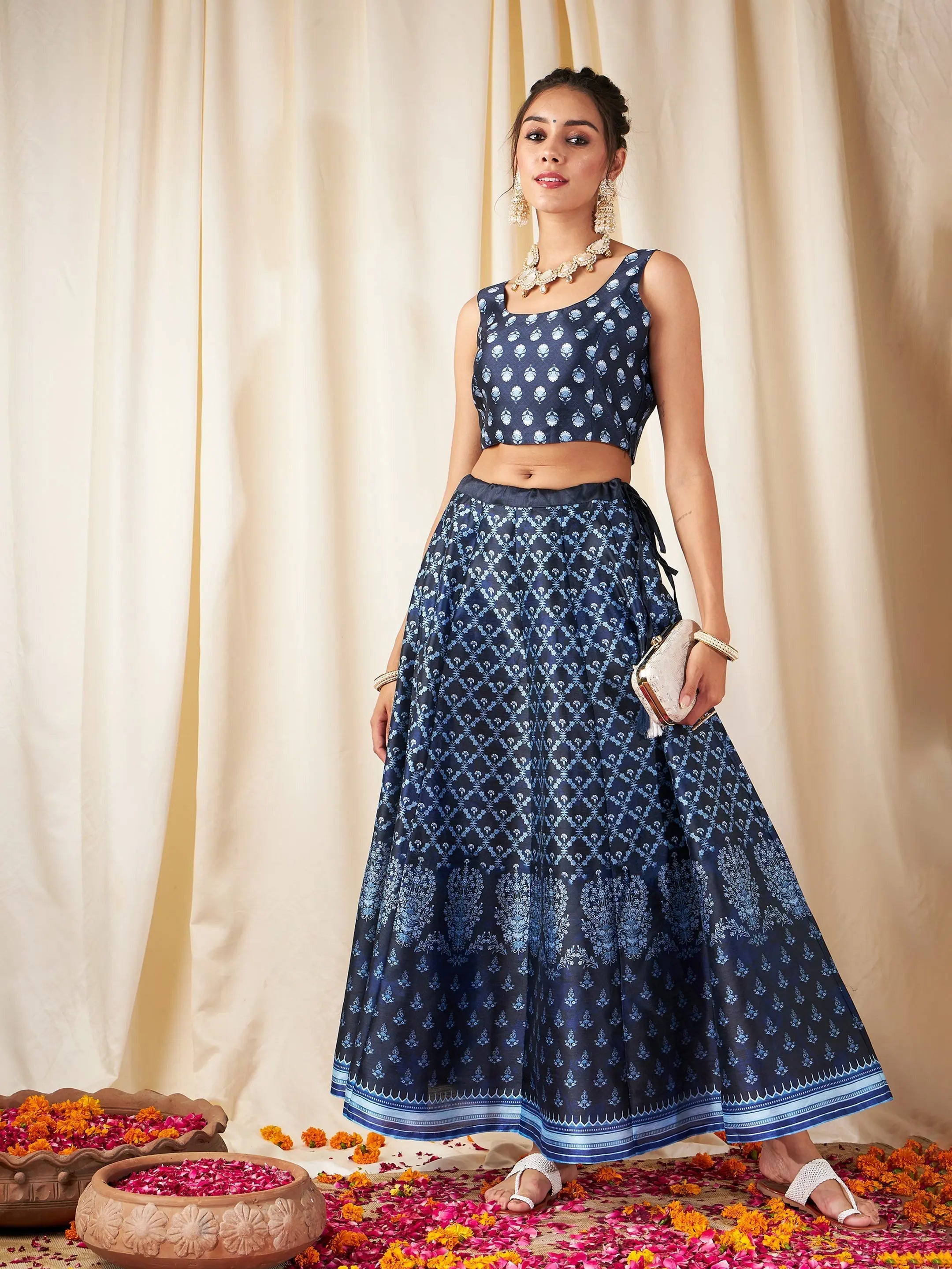 Women Navy Floral Anarkali Skirt With Crop Top Elegant Classic Vintage