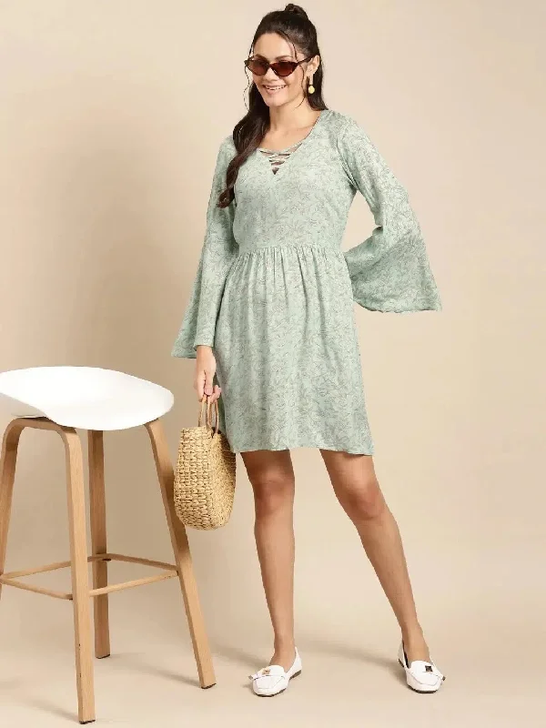 Printed Bell sleeve Dress in Powder Blue Tunic Top Casual
