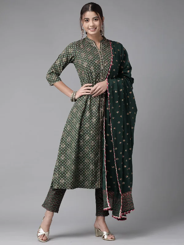 Women's Green Printed A-Line Kurta Trouser With Dupatta Set - Indo Era Trousers cozy comfortable Women's Green Printed A-Line Kurta Trouser With Dupatta Set - Indo Era Trousers cozy comfortable