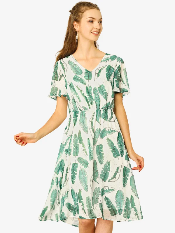 Boho Flowy Hawaiian Tropical Leaves Flutter Sleeve Chiffon Dress Tunics Trendy modern Boho Flowy Hawaiian Tropical Leaves Flutter Sleeve Chiffon Dress Tunics Trendy modern