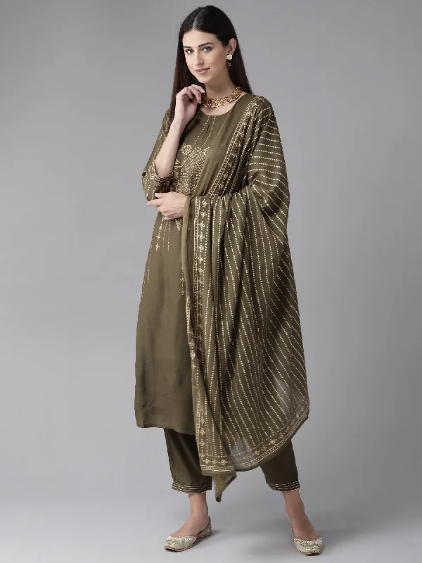Women's Green Foil Printed Kurta Trouser With Dupatta Set - Indo Era Trousers Running Lightweight Women's Green Foil Printed Kurta Trouser With Dupatta Set - Indo Era Trousers Running Lightweight