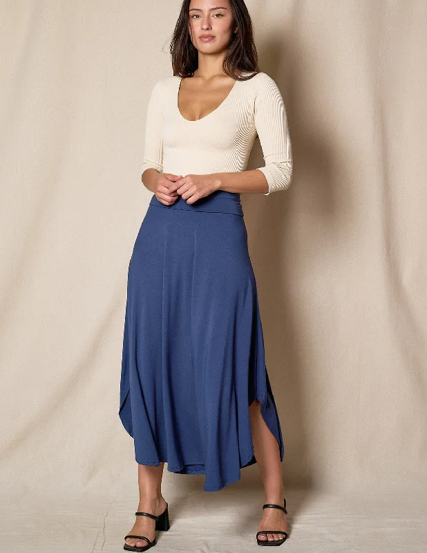 Bamboo Flat Waist Skirt - Navy silk skirt lustrous