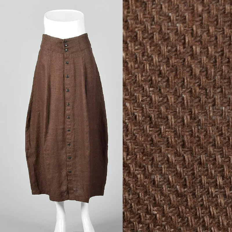 1990s Brown Linen Skirt with Button Front wool skirt sturdy