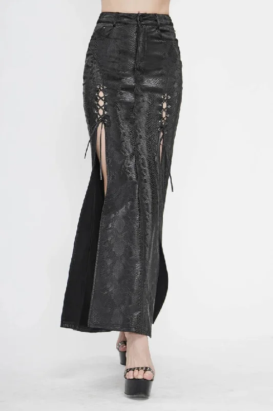 Black Snake Like Leather Side Slit Hem Lace Up Rivet Long Women's Punk Skirt cashmere skirt soft Black Snake Like Leather Side Slit Hem Lace Up Rivet Long Women's Punk Skirt cashmere skirt soft