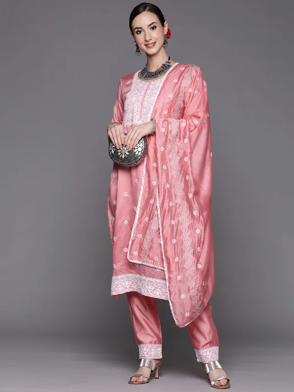 Women's Pink Embroidered Straight Kurta Trousers With Dupatta Set - Indo Era Trousers Floral Bohemian Women's Pink Embroidered Straight Kurta Trousers With Dupatta Set - Indo Era Trousers Floral Bohemian