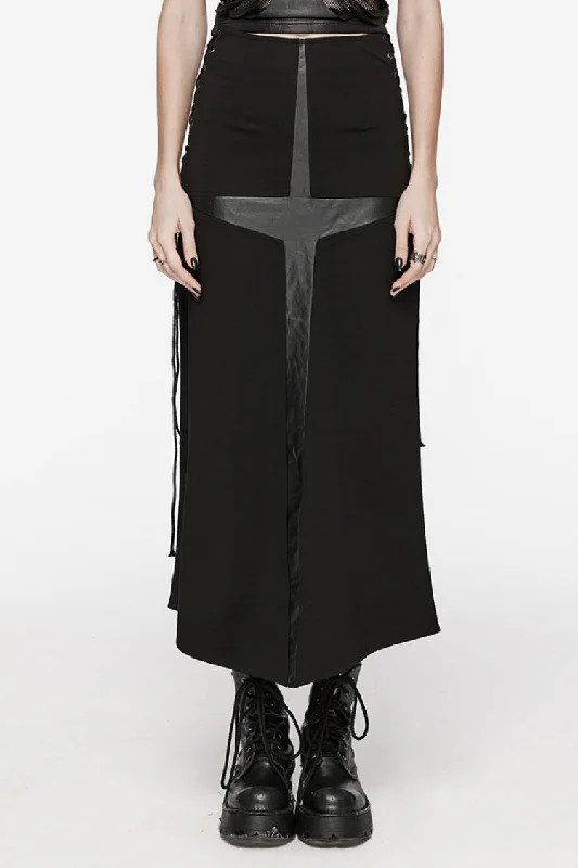 Black Cross Print Stitching Lace-Up Women's Steampunk Skirt spandex blend skirt