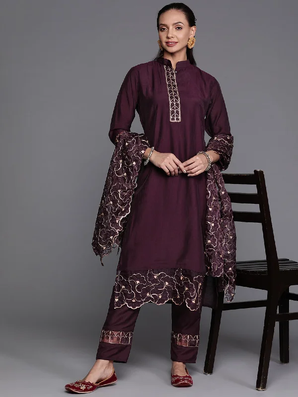 Women's Purple Solid Straight Kurta Trouser With Dupatta Set - Indo Era Trousers Brand Named