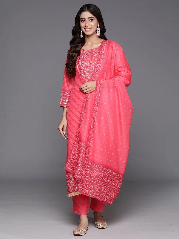 Women's Pink Embroidered Straight Kurta Trousers With Dupatta Set - Indo Era Trousers stylish modern Women's Pink Embroidered Straight Kurta Trousers With Dupatta Set - Indo Era Trousers stylish modern