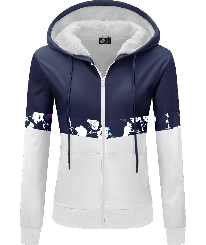 Women's Fleece Lined Drawstring Zip-Up Printed Hoodie-ZPK006158 Hoodie with Ribbed Cuffs Snug Fit Comfort