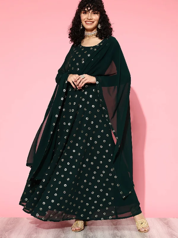 Women's Green Embroidered A-Line Kurta Trousers With Dupatta Set - Indo Era Trousers versatile all-occasion Women's Green Embroidered A-Line Kurta Trousers With Dupatta Set - Indo Era Trousers versatile all-occasion