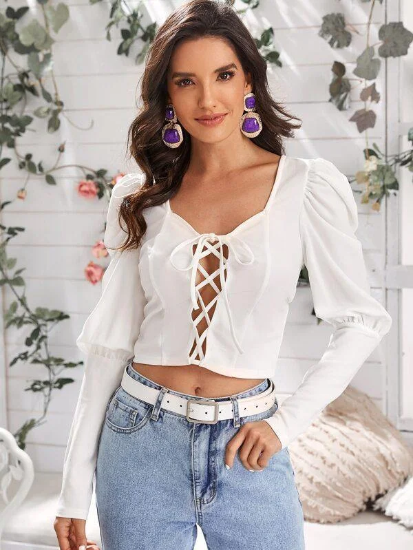 Crisscross Tie Front Gigot Sleeve Crop Top Front Pockets Side Pockets Patch Pockets