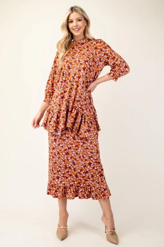 Blue Zone Planet |  Celeste Full Size Floral Ruffled Top and Midi Skirt Set lace skirt intricate