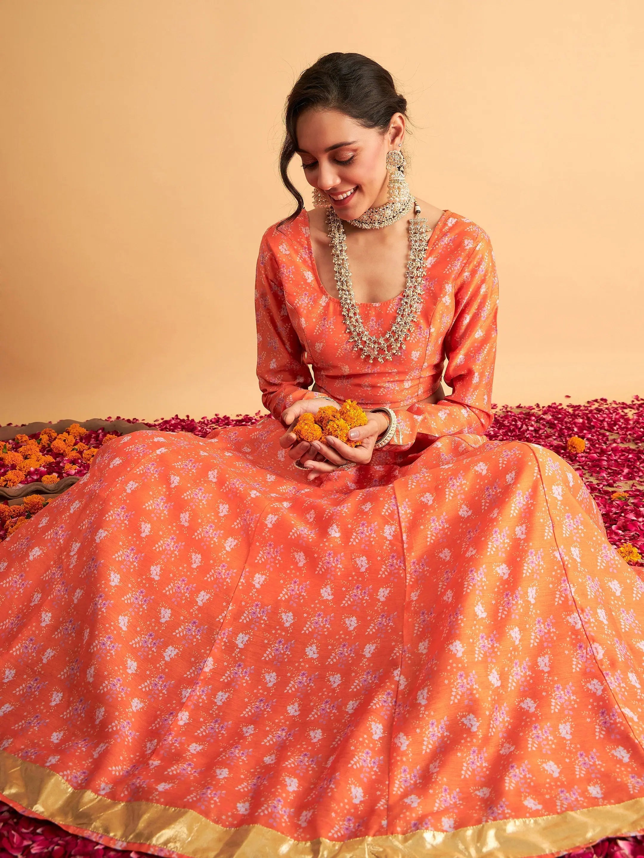 Women Orange Floral Anarkali Side Pocket Skirt With Crop Top Hooded Caped Shawl Collar