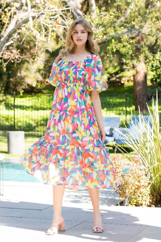 Puff Sleeve Flower Print Dress Tunics Chinos classic