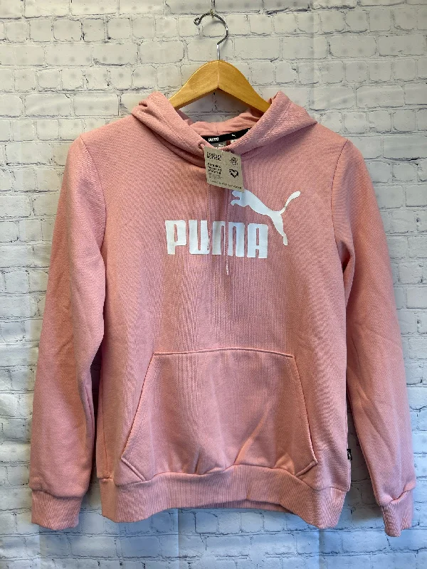 Size Medium Ladies Pink Puma Hoodie Hoodie with Hem Frayed Vintage Worn