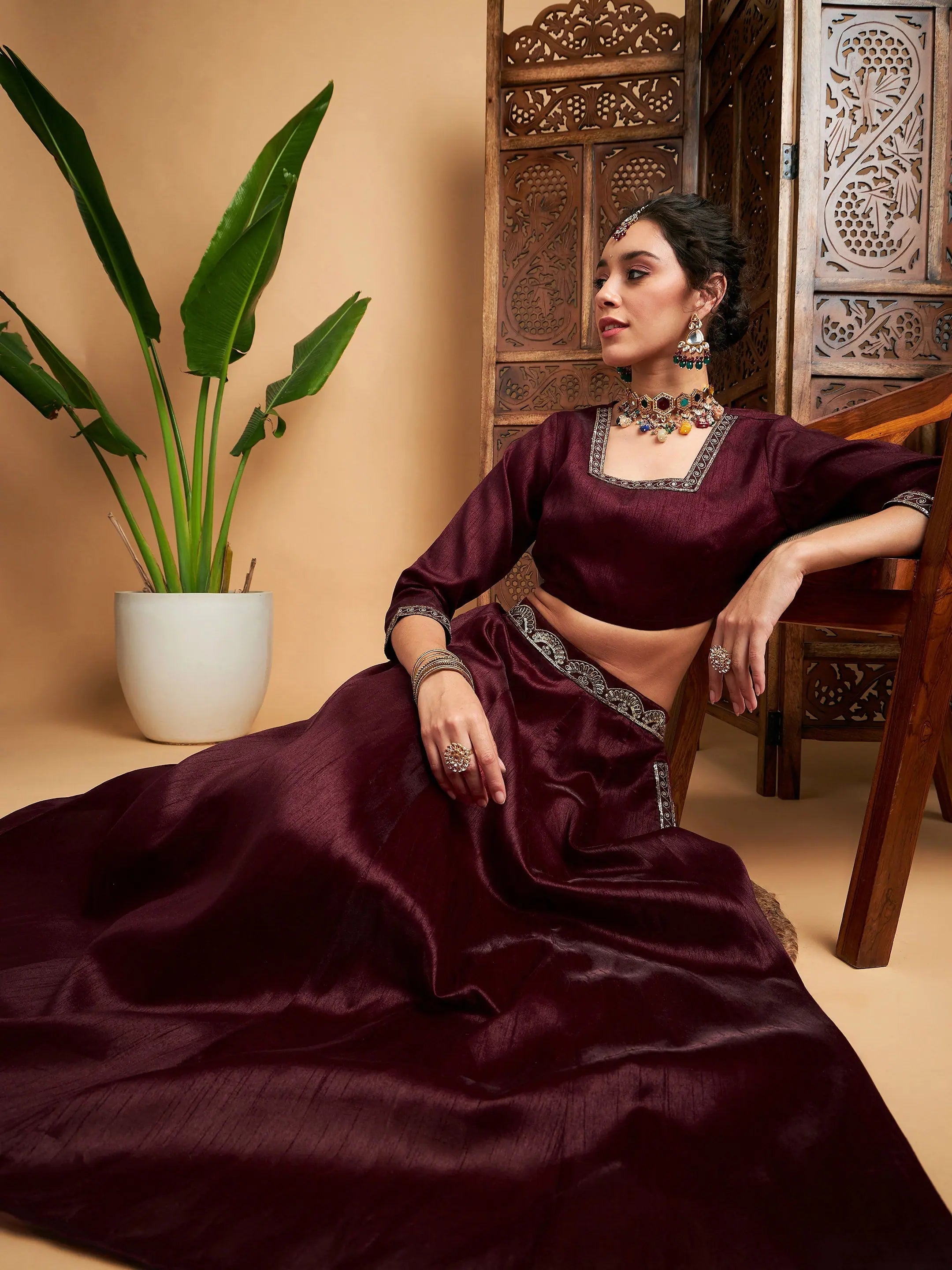 Women Maroon Embroidered Anarkali Skirt With Crop Top Ribbed Crop Top High Neck Heavyweight