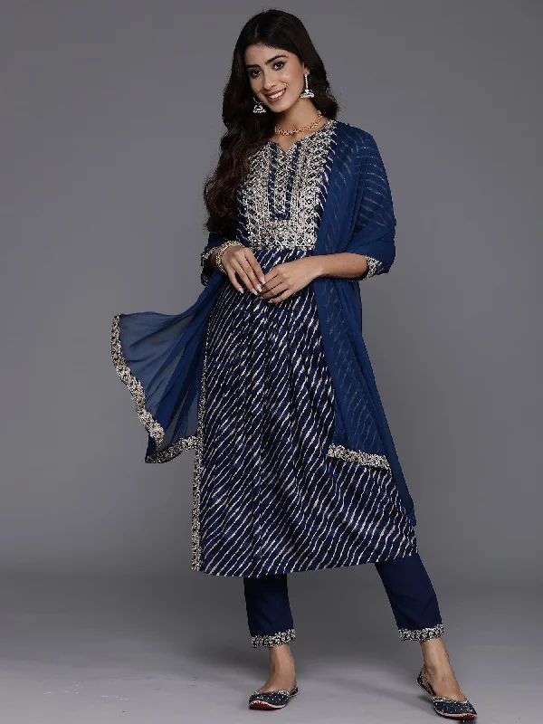 Women's Blue Embroidered A-Line Kurta Trousers With Dupatta Set - Indo Era Trousers Canvas Durable Women's Blue Embroidered A-Line Kurta Trousers With Dupatta Set - Indo Era Trousers Canvas Durable